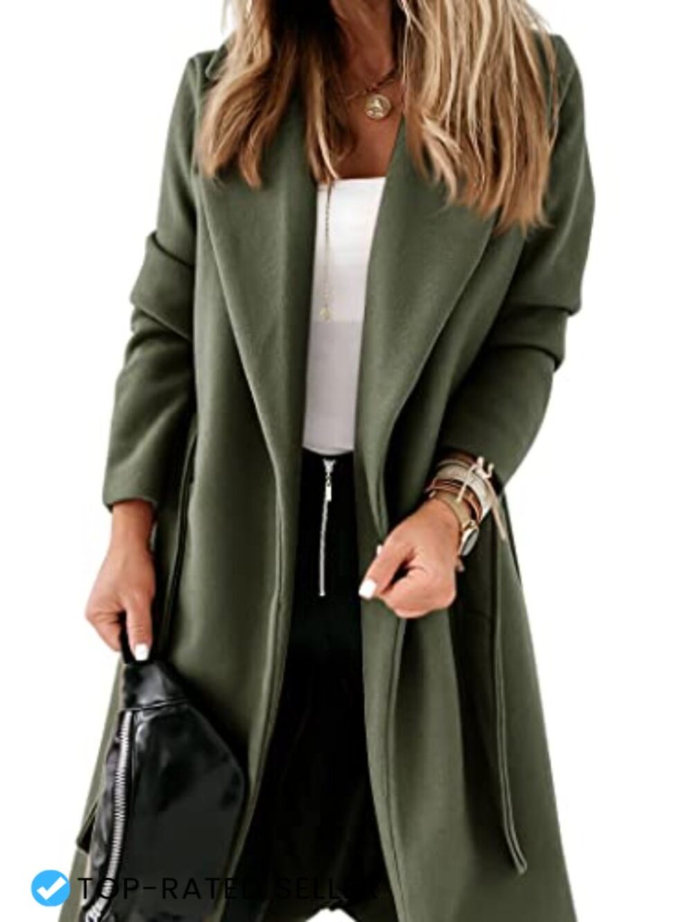 Womens Belted Long Trench Coat Lapel Open Front Polyester Viscose